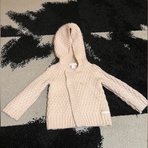 Rare pale pink Burberry 100% Cashmere cardigan jacket hooded sweater Pom Pom